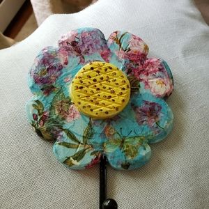 Decoupage Flower Hook Wall Hanging Handmade by Artist Trish Vartko